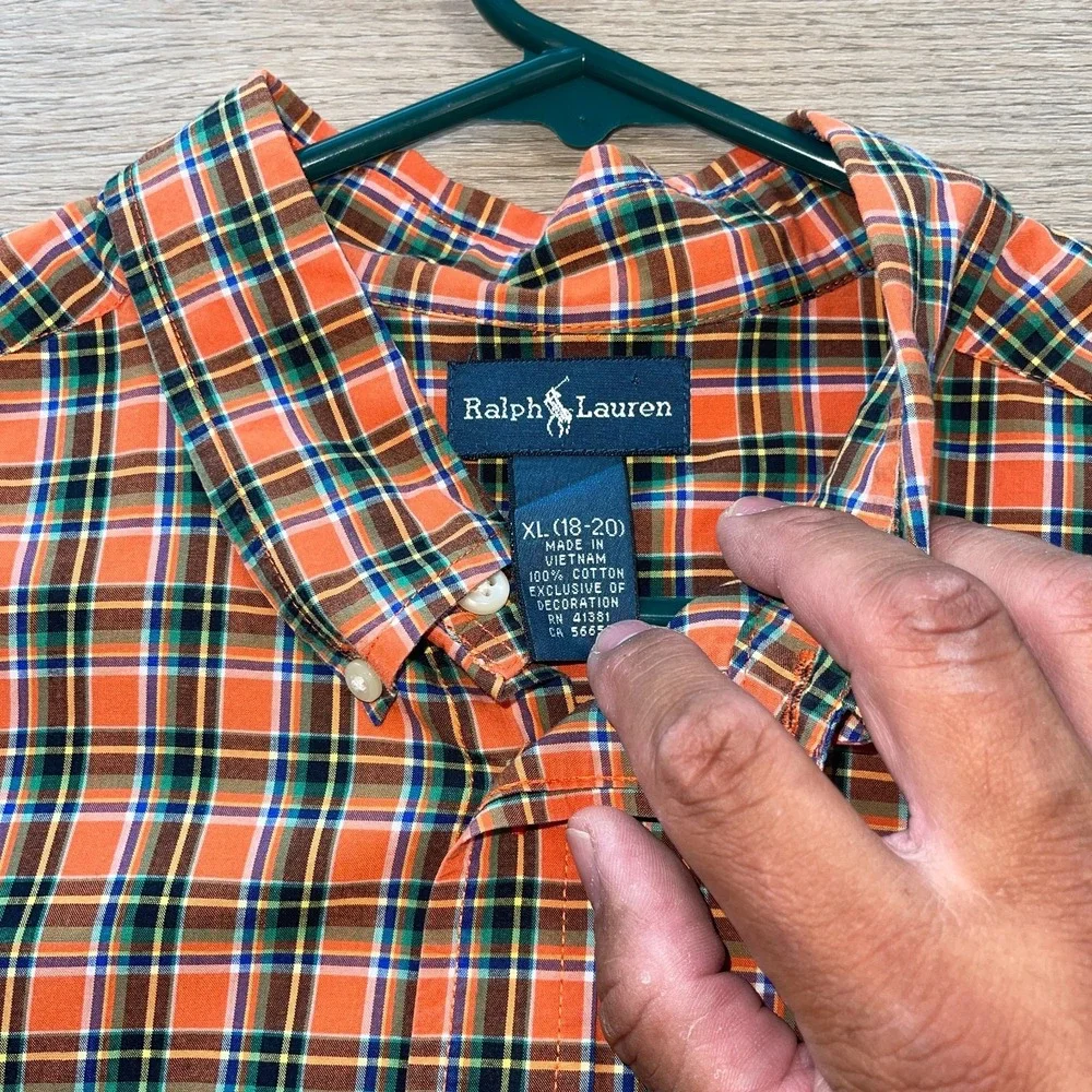 Ralph Lauren Boys XL 18-20 Plaid Button Down Shirt Orange Green Long Sleeve